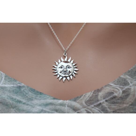 Sterling Silver Large Smiling Sun Pendant Necklace, Large Smiling Sun Necklace - Picture 1 of 6